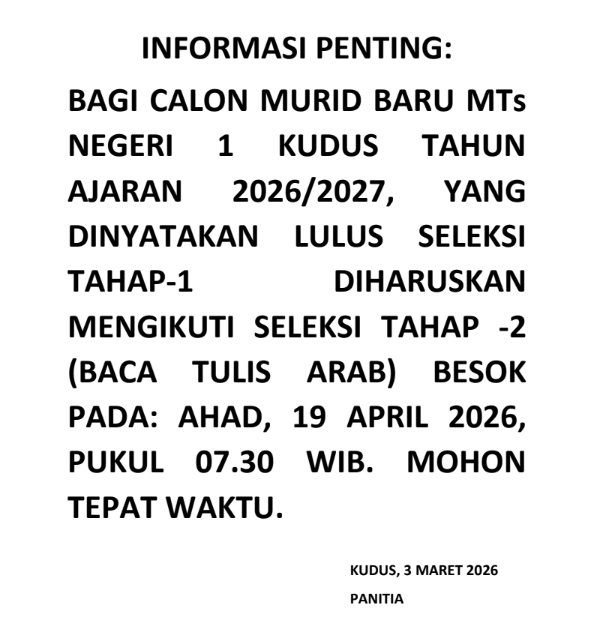 Pengumuman Hasil Seleksi Tahap I Penerimaan Murid Baru Madrasah Kelas Non Fullday 